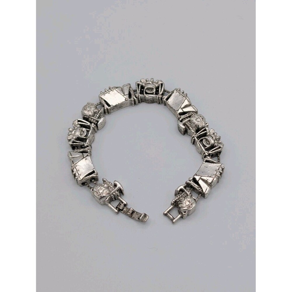 Vintage 90s Tofa BG Silver Tone Heavy Charm Bracelet Slider Camping Tent Kitschy image 2